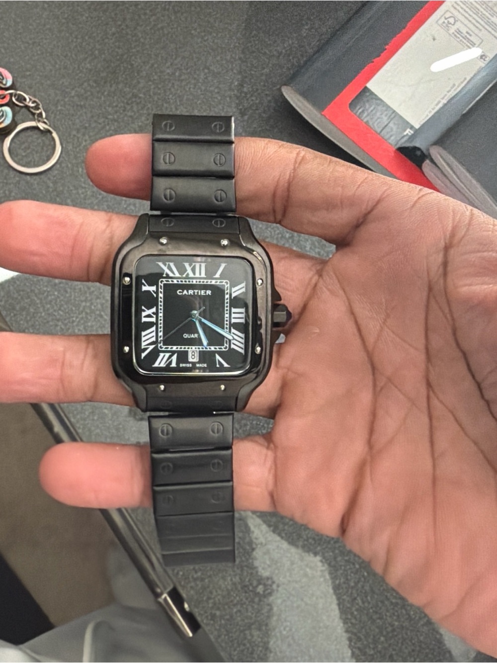 Cartier Black Stainless Square Dial Watch with Blue Hands